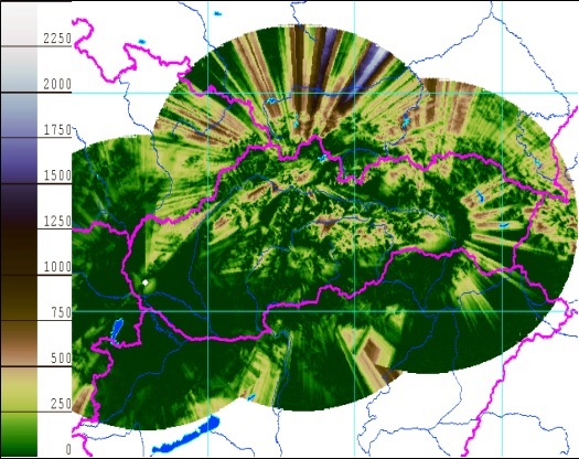 Mapa minimálnej detekovateľnej výšky nad zemským povrchom (v metroch) súčasnej rádiolokačnej siete SHMÚ.  