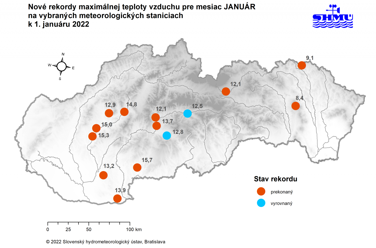 Rekordy maximálnej dennej teploty vzduchu pre mesiac január, zaznamenané dňa 1. januára 2022 na meteorologických staniciach na Slovensku.