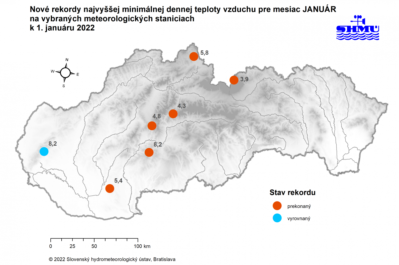 Rekordy najvyššej minimálnej dennej teploty vzduchu pre mesiac január, zaznamenané dňa 1. januára 2022 na meteorologických staniciach na Slovensku.