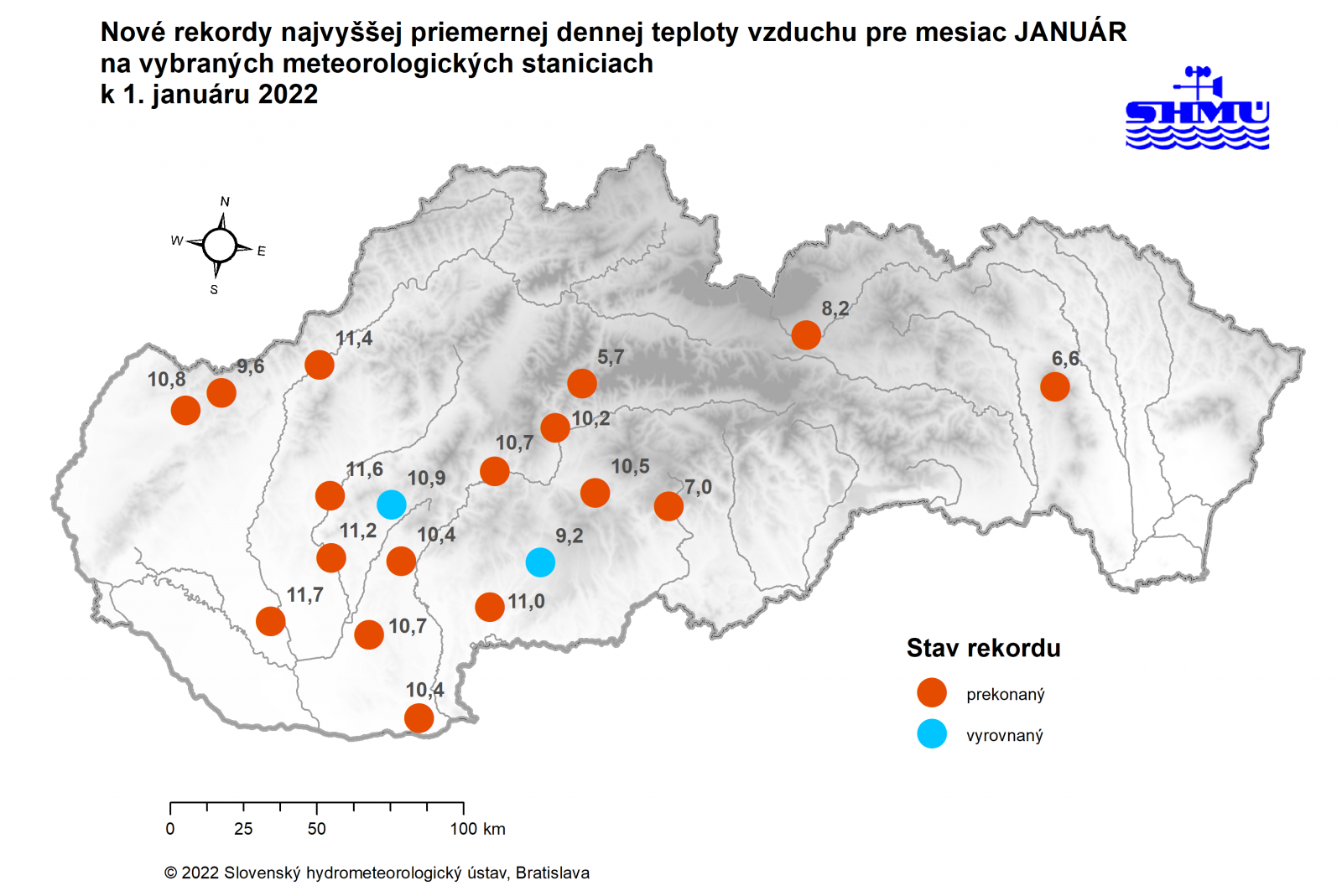 Rekordy najvyššej priemernej dennej teploty vzduchu pre mesiac január, zaznamenané dňa 1. januára 2022 na meteorologických staniciach na Slovensku.