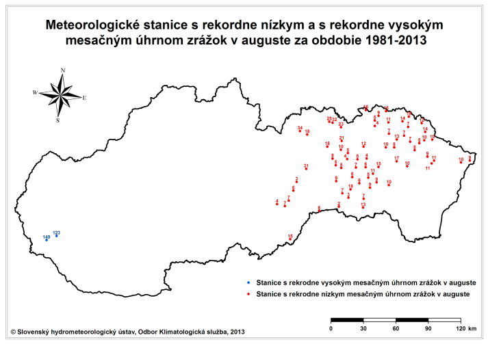 Regionálne rozdiely v mesačných úhrnoch zrážok v auguste 2013