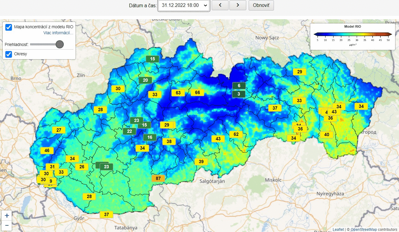 PM2,5 - animovaný výstup interpolačného modelu RIO pre 31.12.2022 18:00 - 01.01.2023 12:00