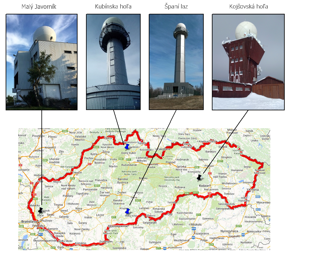 Obr. 1: Umiestnenie meteorologických rádiolokátorov SHMÚ. Čierne – pôvodné radarové body, modré – nové radarové body.