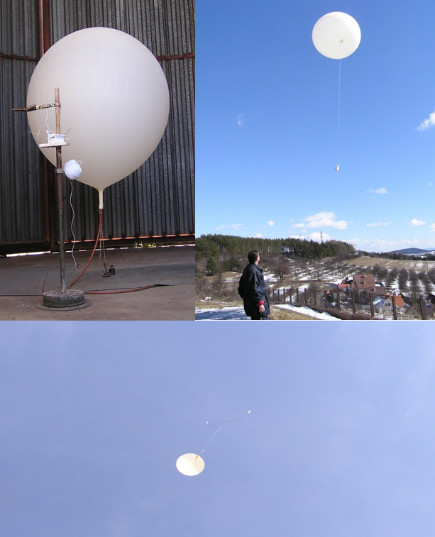 Príprava aerologického merania (vľavo hore), vypustenie meteorologického balóna s rádiosondou (vpravo hore), letiaci meteorologický balón s dvomi rádiosondami (dolu). ARC SHMÚ Gánovce. 