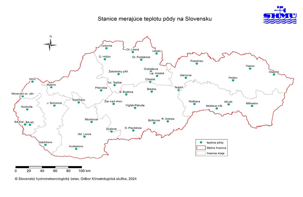 Mapa č. 1 Zoznam staníc merajúcich teplotu pôdy na Slovensku.