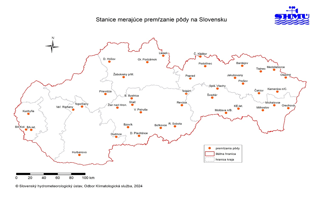 Mapa č. 3 Zoznam staníc merajúcich premŕzanie pôdy na Slovensku