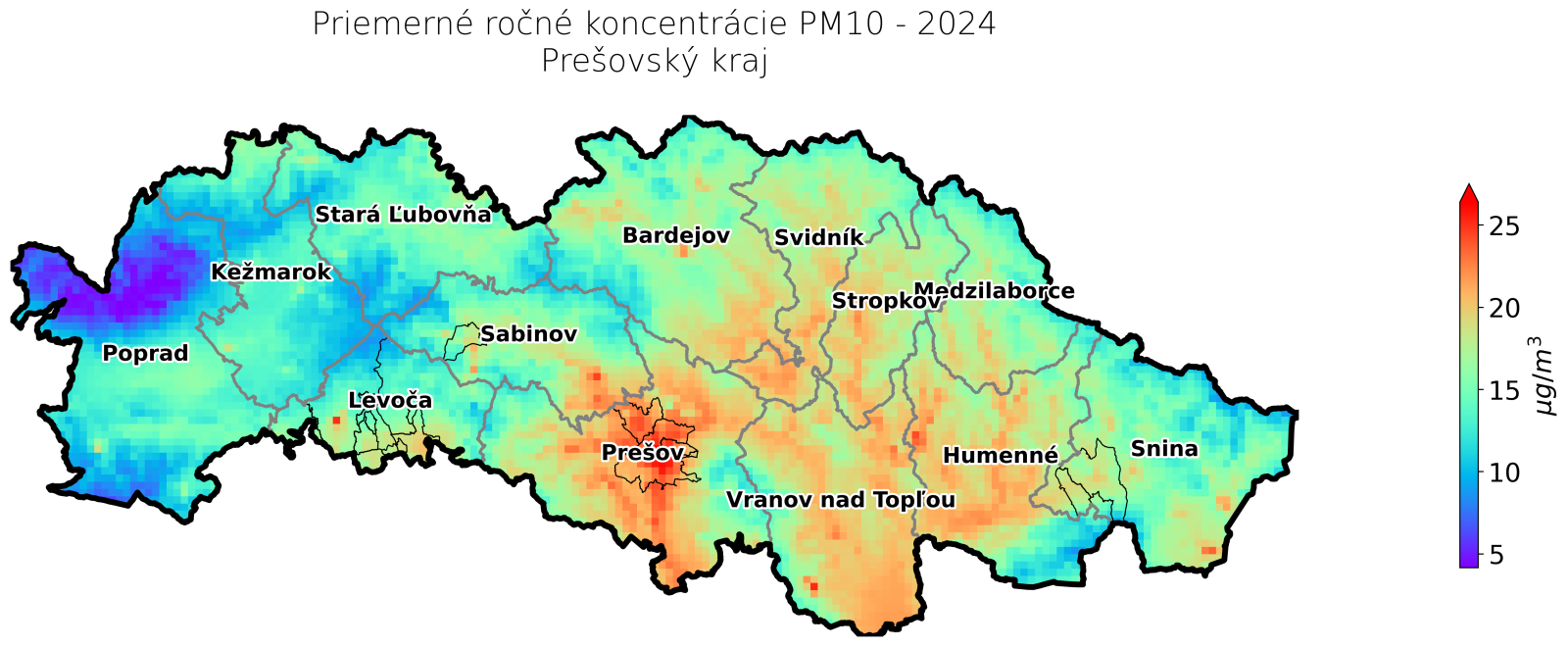 priemerné ročné koncentrácie v 2024 PV kraj - PM10