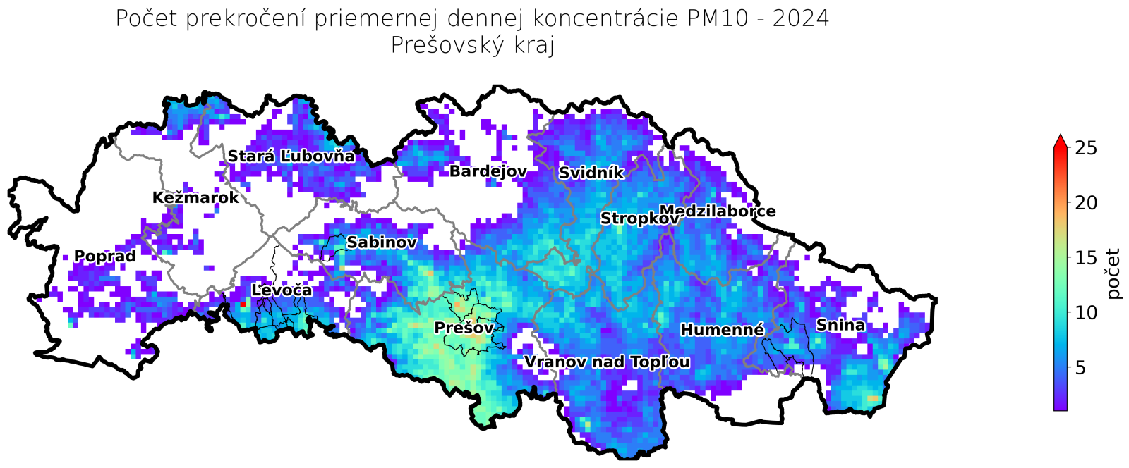 počet prekročení priemernej ročnej koncentrácie v 2024 PV kraj - PM10