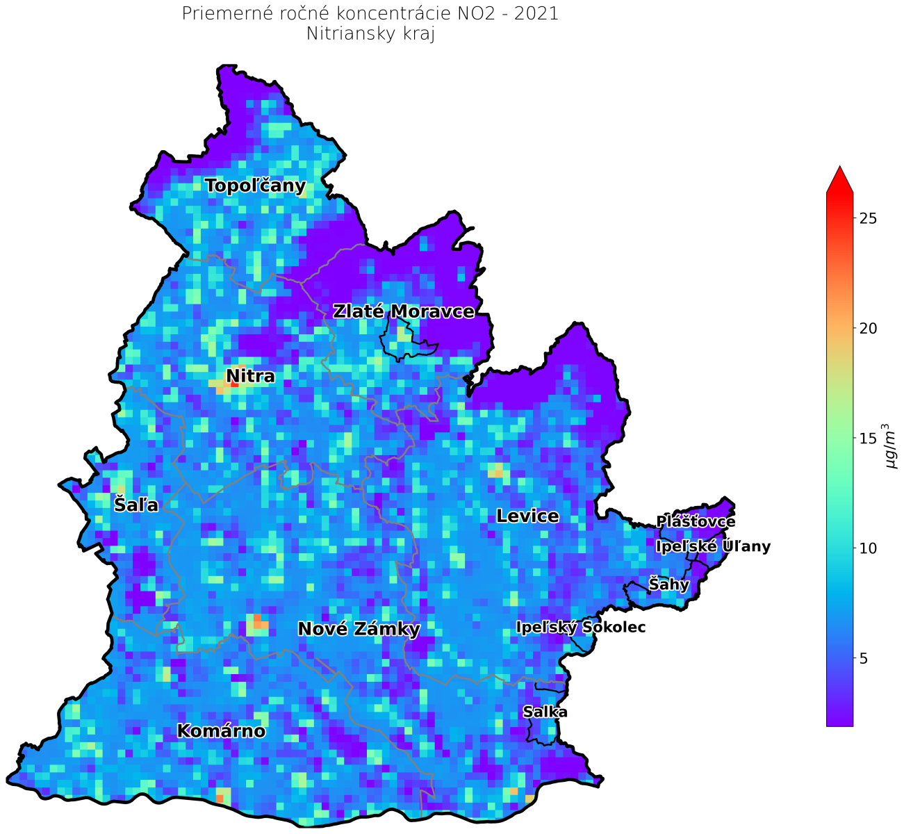 priemerné ročné koncentrácie NO2 2021 NR kraj