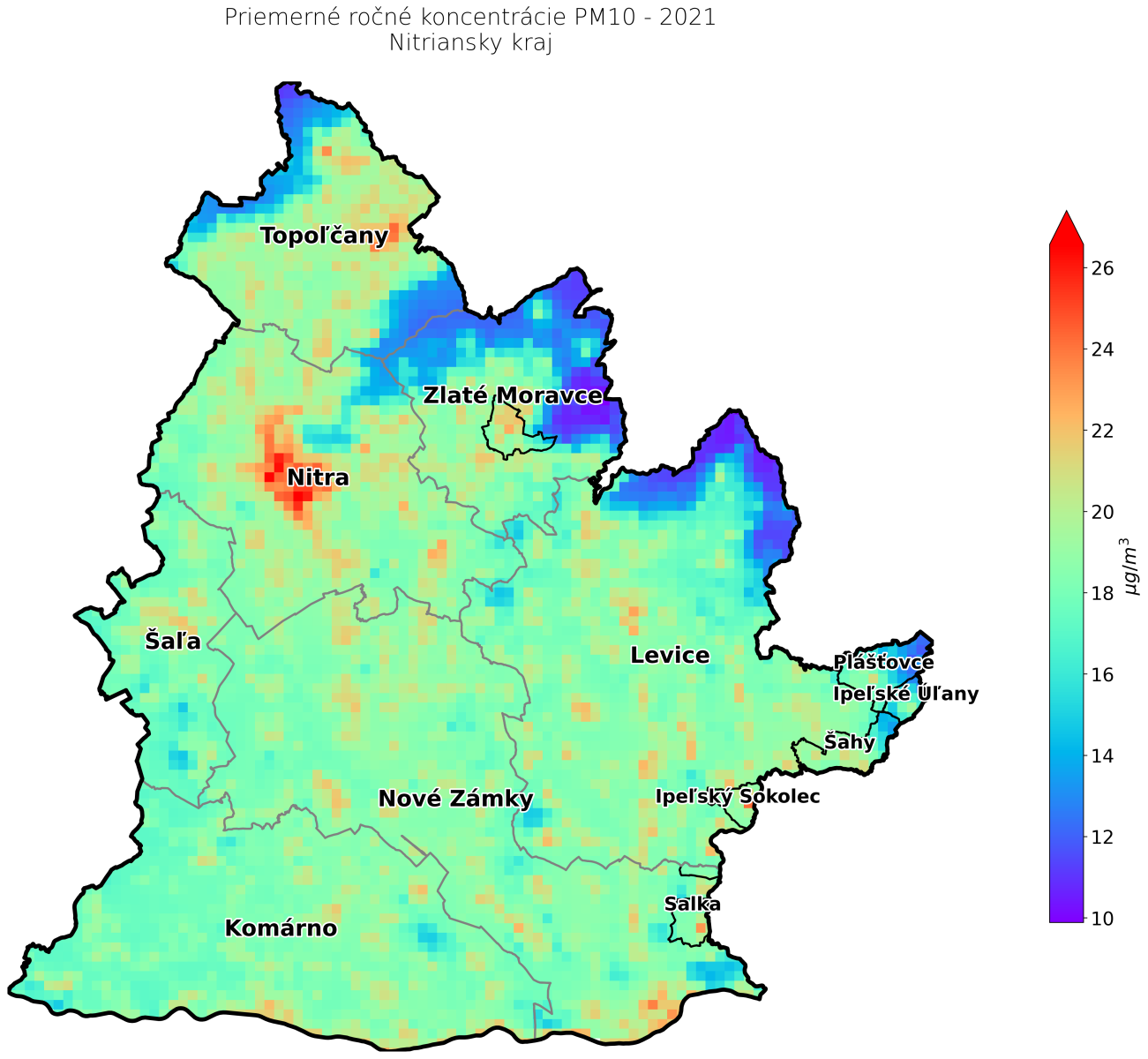 priemerné ročné koncentrácie PM10 2021 NR kraj