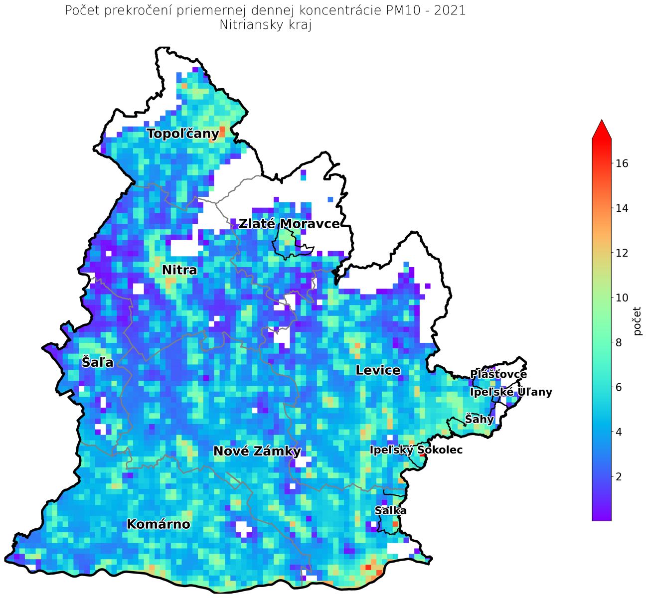 počet prekročení priemernej ročnej koncentrácie PM10 2021 NR kraj