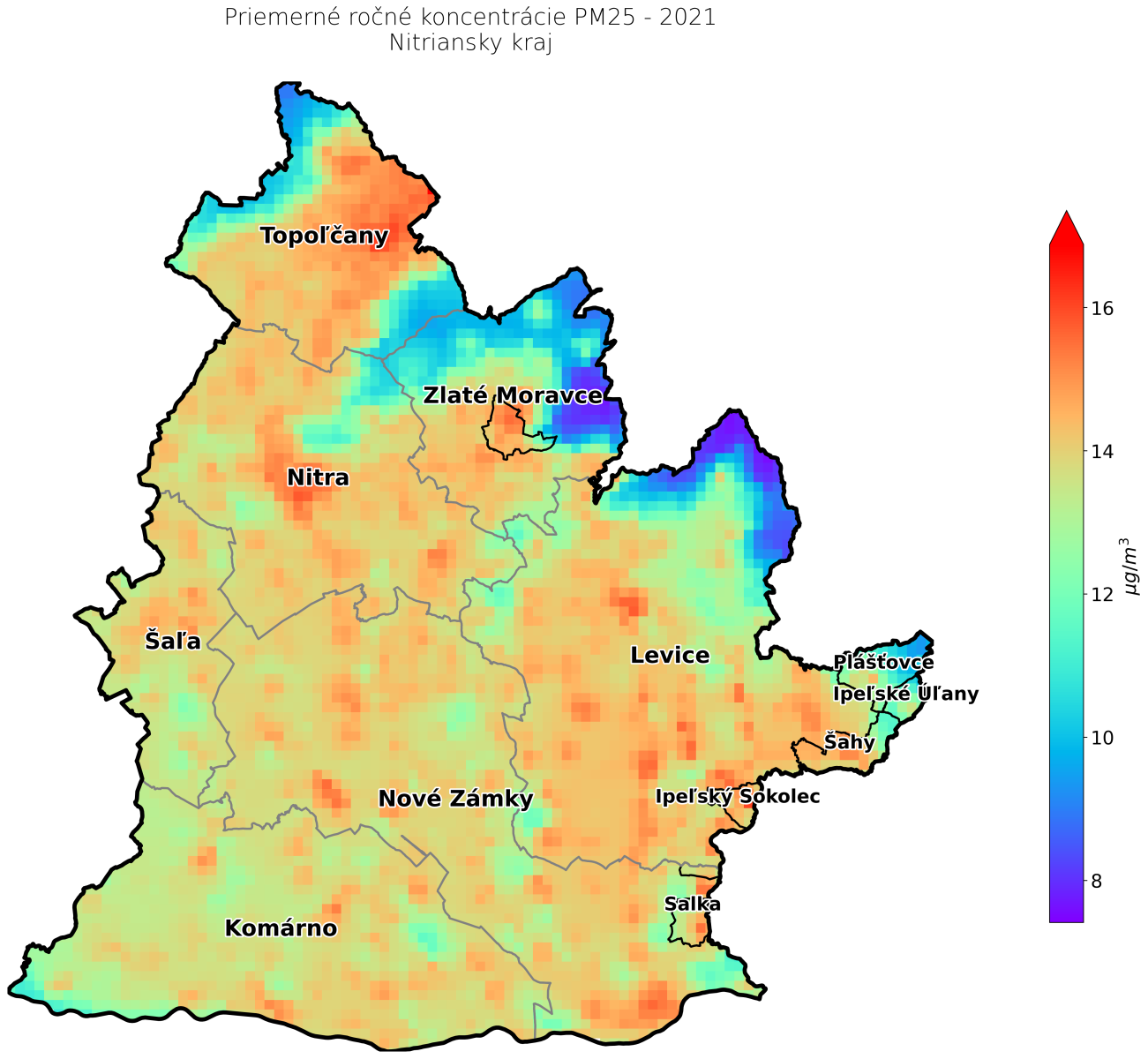 priemerné ročné koncentrácie PM25 2021 NR kraj