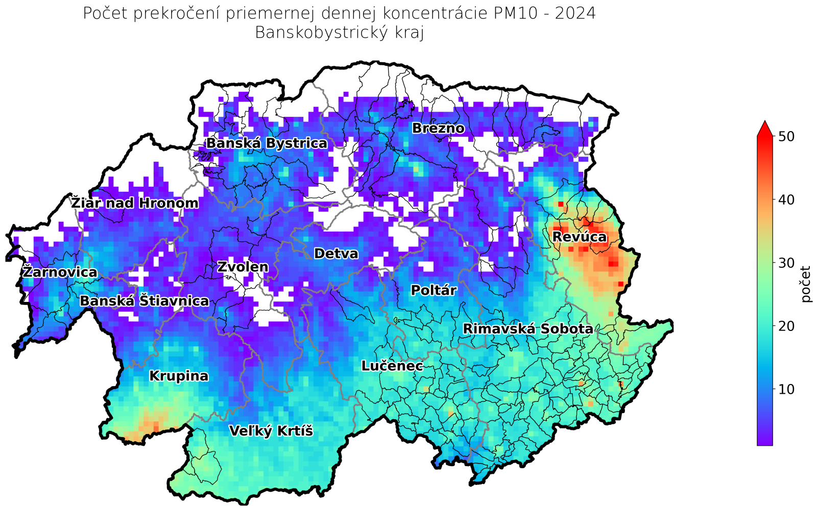 model RIO počet prekročení priemernej ročnej koncentrácie PM10 2024 BB kraj