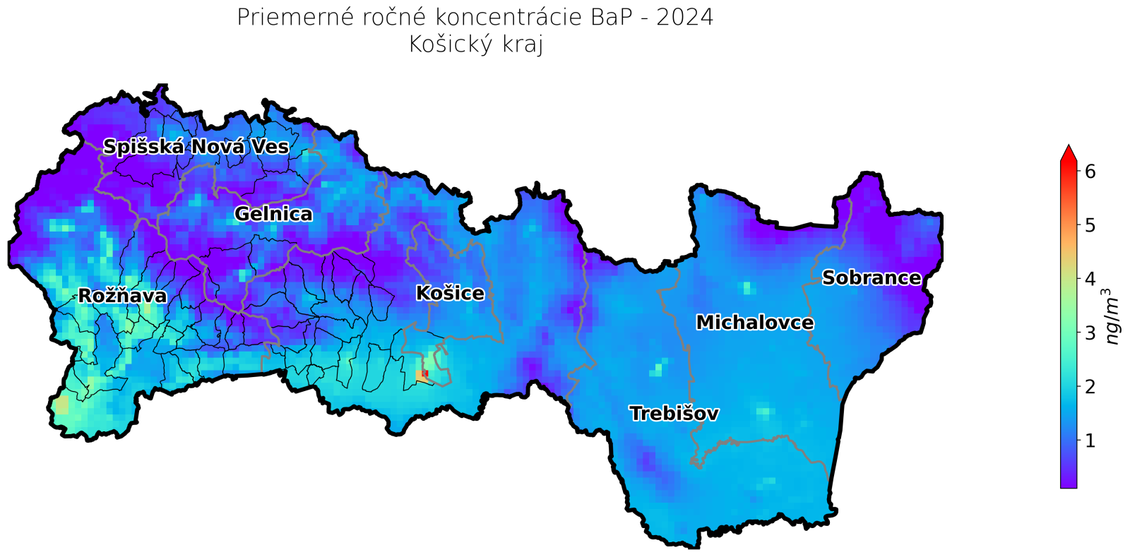 priemerné ročné koncentrácie v 2024 KE kraj - BaP