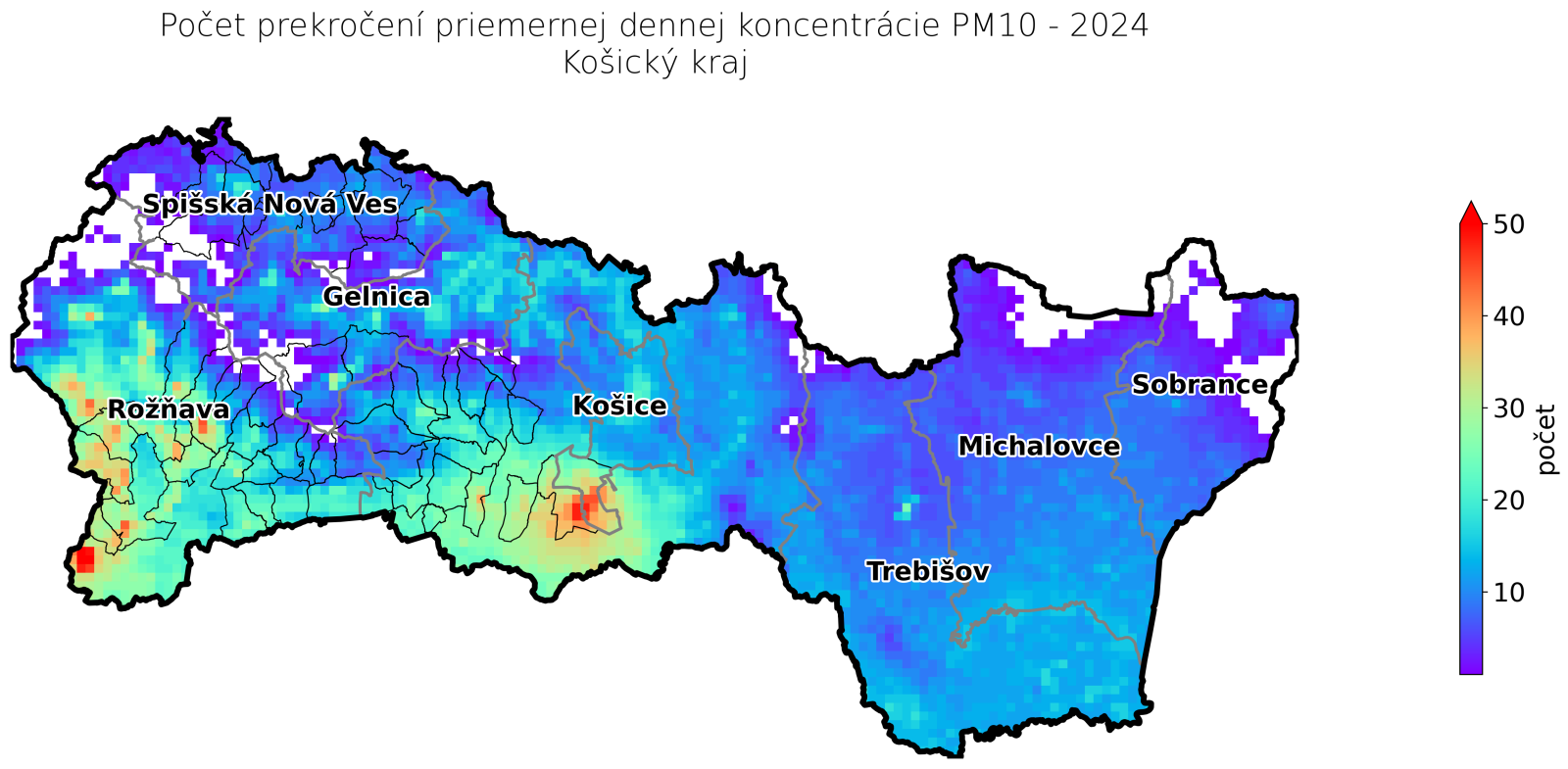 počet prekročení priemernej ročnej koncentrácie v 2024 KE kraj - PM10