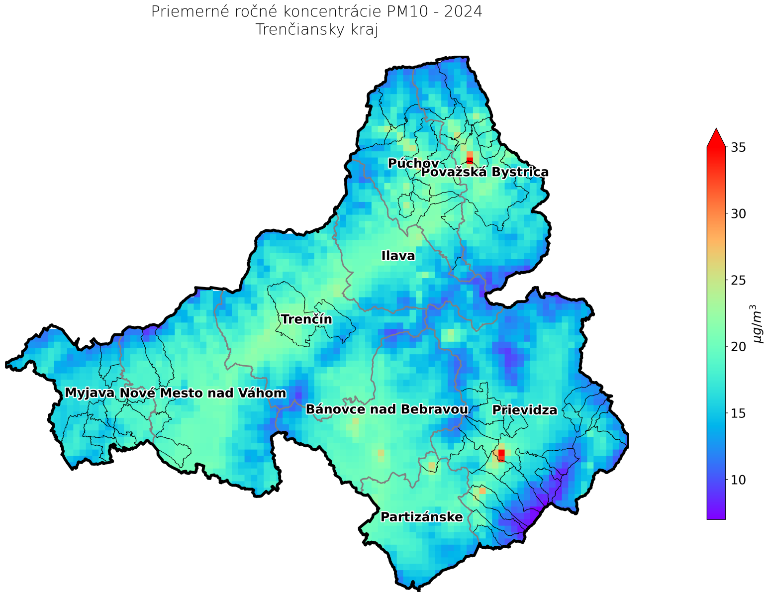 priemerné ročné koncentrácie TN kraj v 2024 - PM10