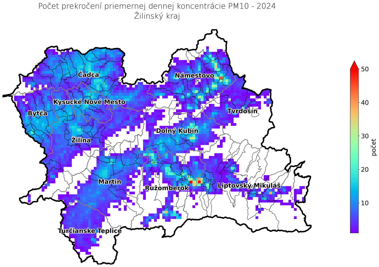 počet prekročení priemernej ročnej koncentrácie v roku 2021, ZA kraj - PM10