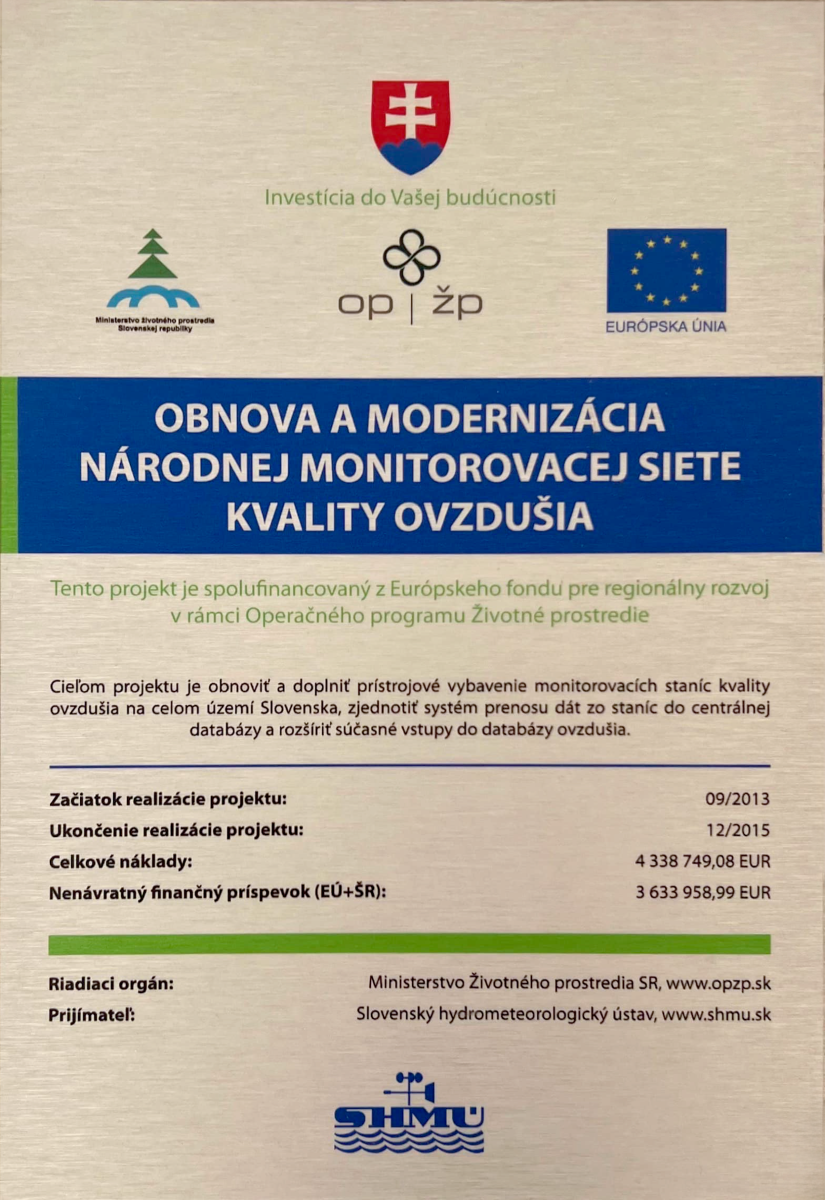 Tabuľa projektu- Projekt Obnova a modernizácia Národnej monitorovacej siete kvality ovzdušia (NMSKO)