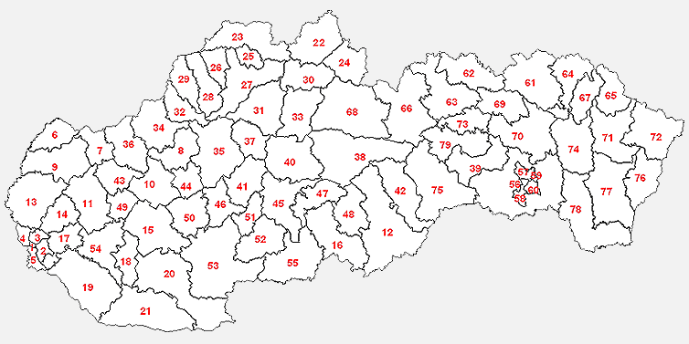 Mapa Slovenska s vyznačenými okresmi